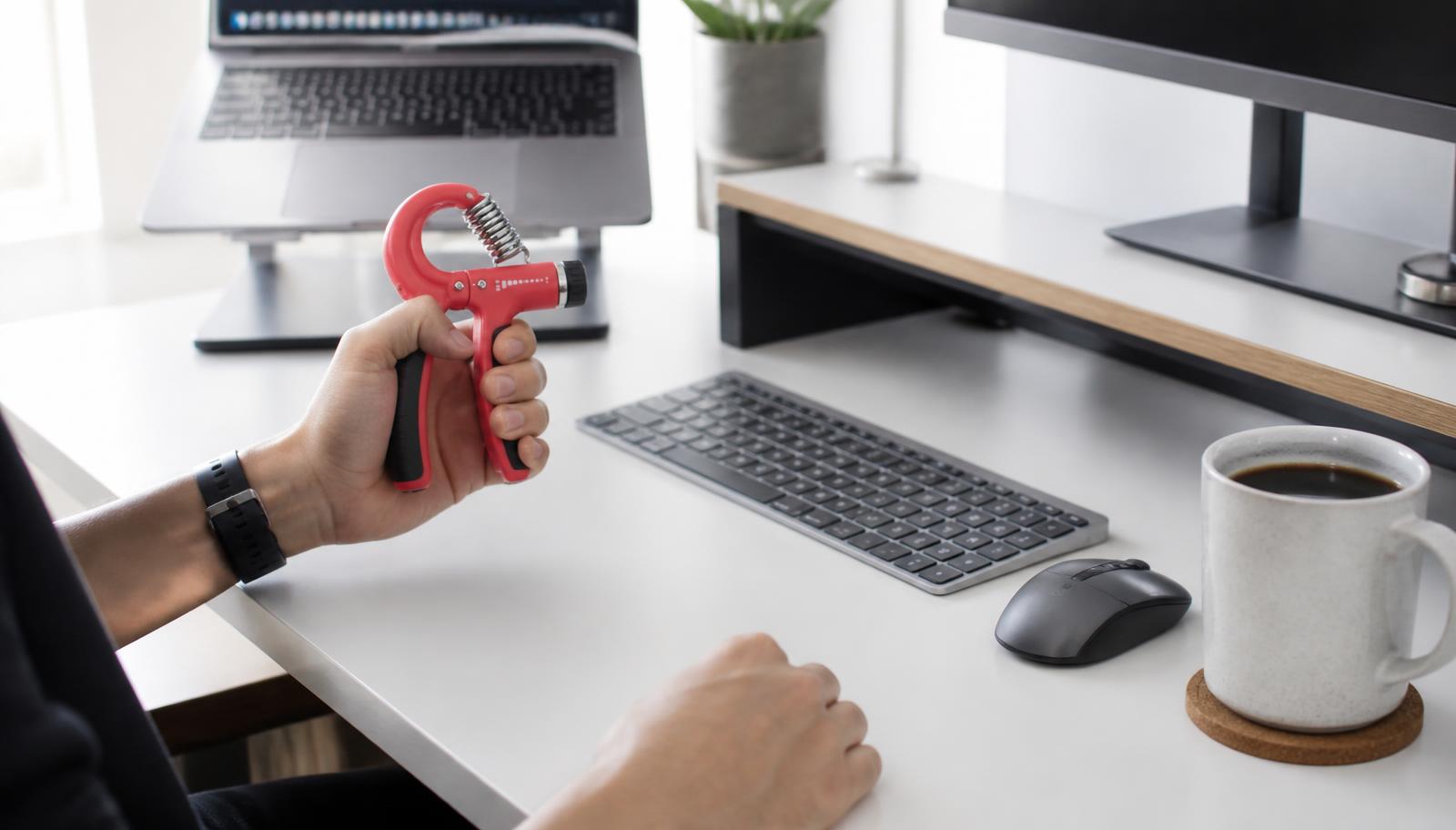 GripX Pro hand gripper resting on a desk next to a laptop and keyboard
